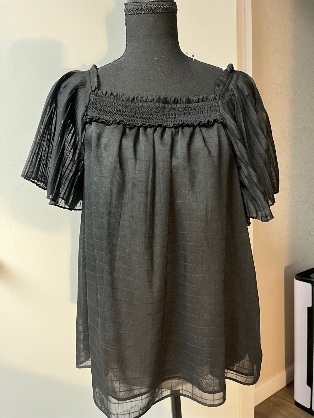Ann Taylor Black Smocked Square-Neck Blouse